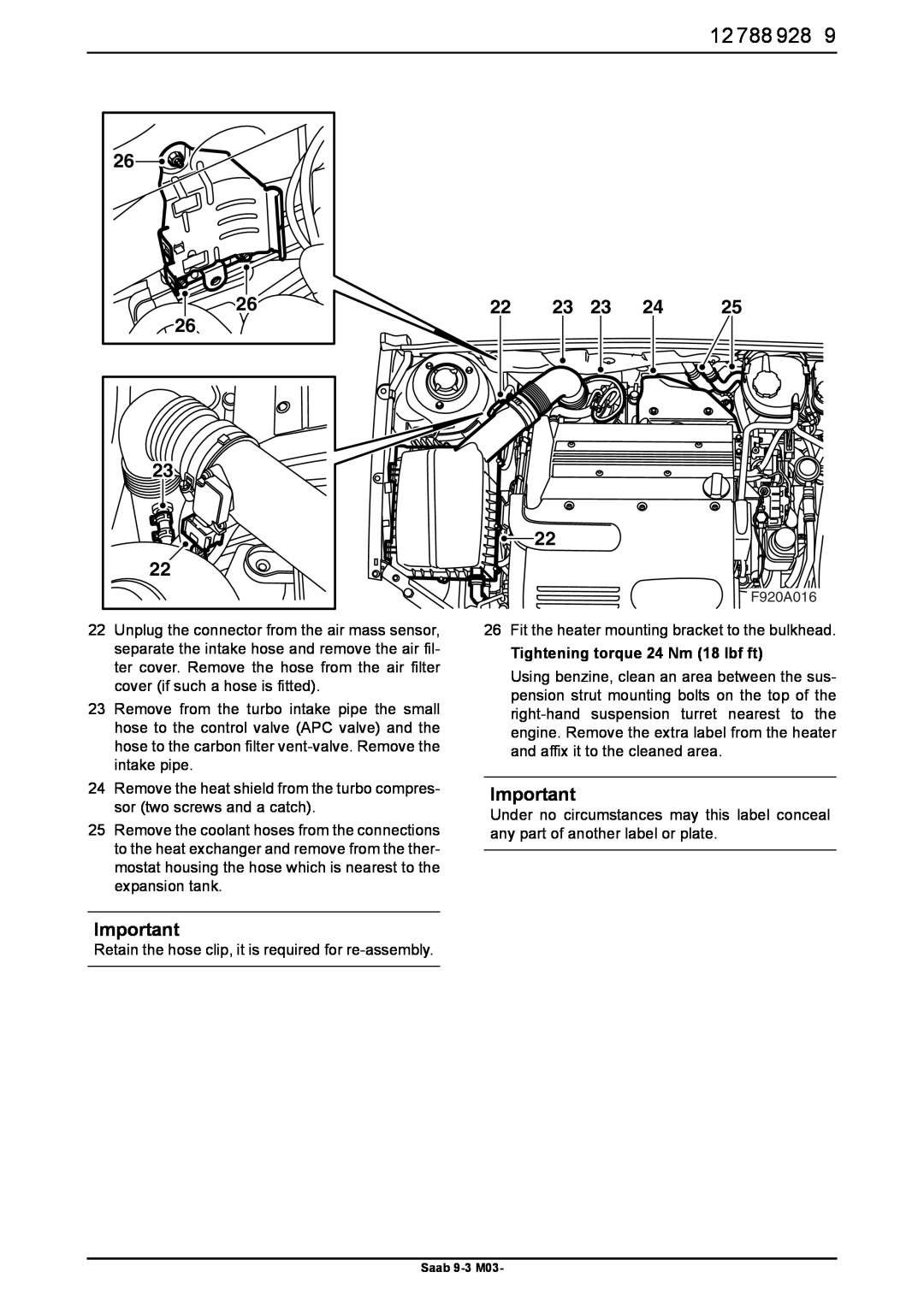 Saab 9-3 M03 installation instructions 26Fit the heater mounting bracket to the bulkhead, Tightening torque 24 Nm 18 lbf ft 