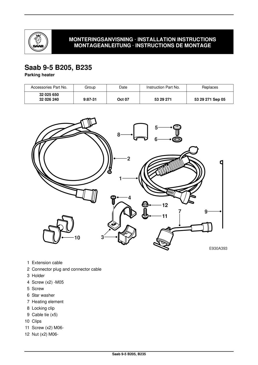 Saab installation instructions Saab 9-5 B205, B235, Parking heater 