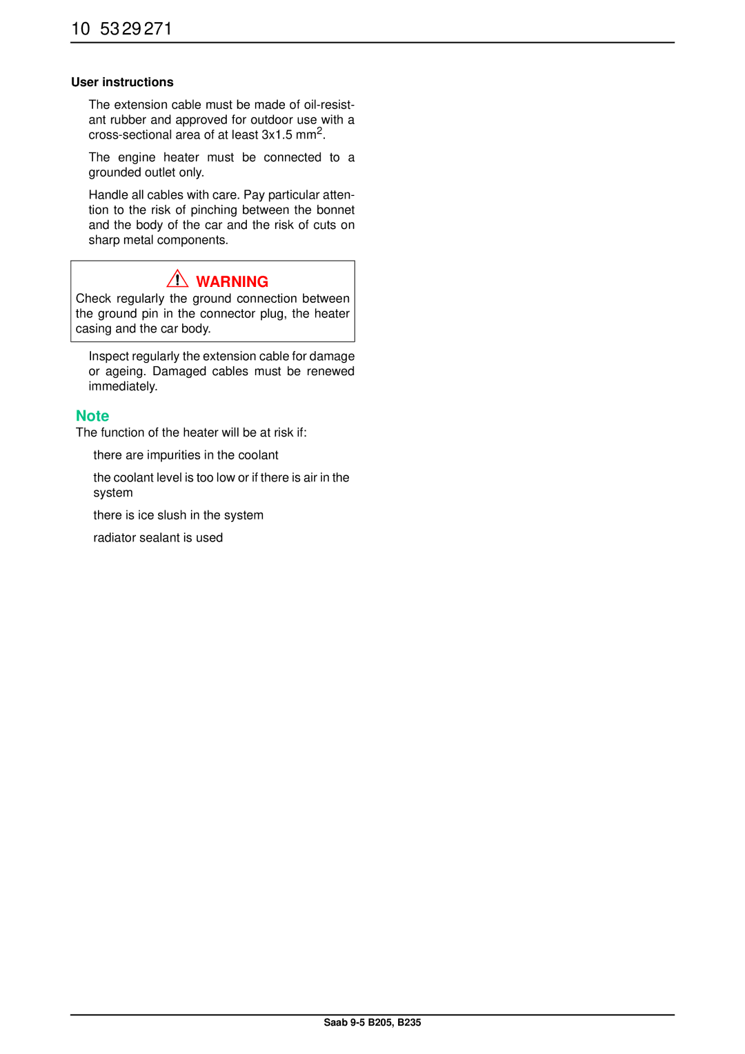 Saab B235, B205 installation instructions 10 53 29, User instructions 