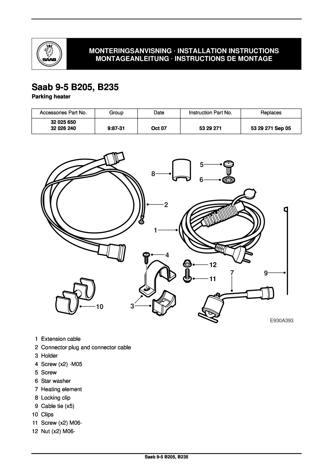 Saab installation instructions Parking heater, Saab 9-5 B205, B235, Monteringsanvisning · Installation Instructions 