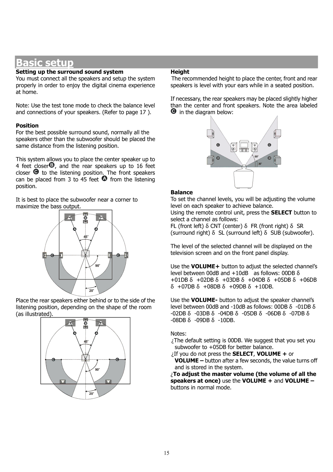 Saba 31-5023 manual Basic setup, Setting up the surround sound system, Position, Height, Balance 