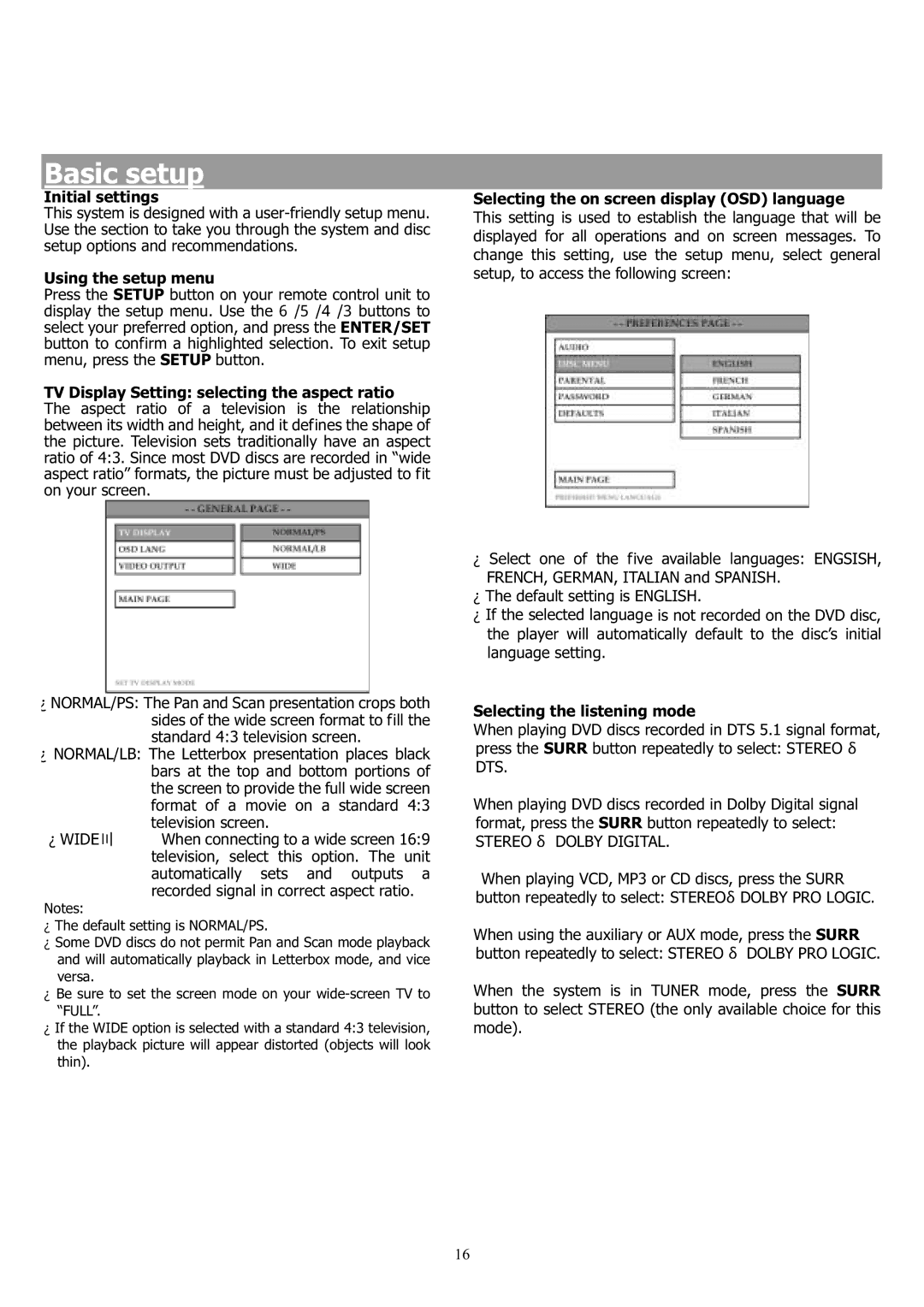 Saba 31-5023 manual Initial settings, Using the setup menu, Selecting the listening mode 