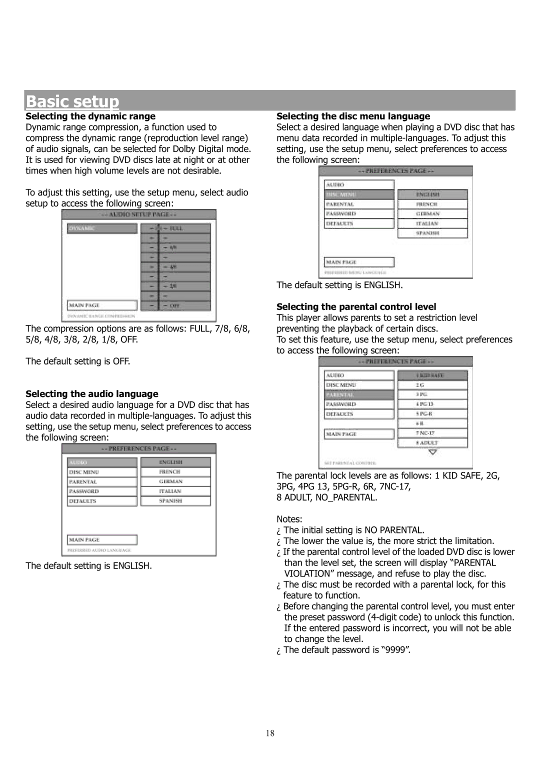 Saba 31-5023 manual Selecting the dynamic range, Selecting the audio language, Selecting the disc menu language 