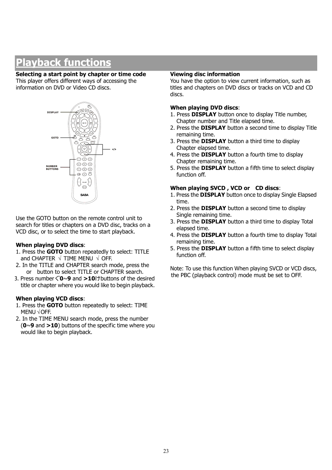 Saba 31-5023 manual When playing VCD discs, Viewing disc information, When playing Svcd , VCD or CD discs 