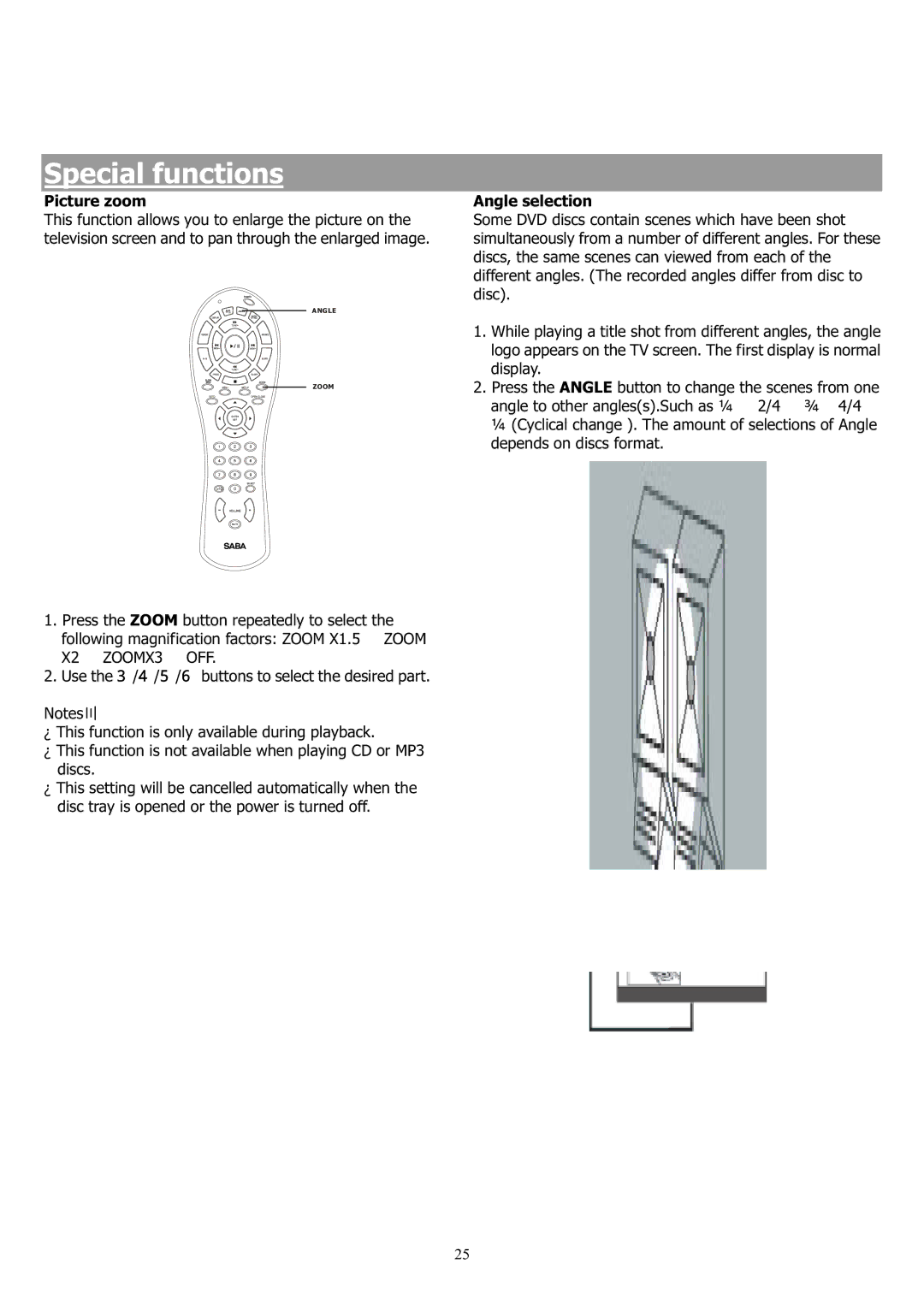 Saba 31-5023 manual Special functions, Picture zoom, Angle selection 