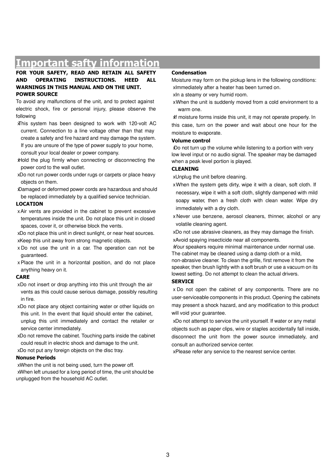 Saba 31-5023 manual Important safty information, Location 