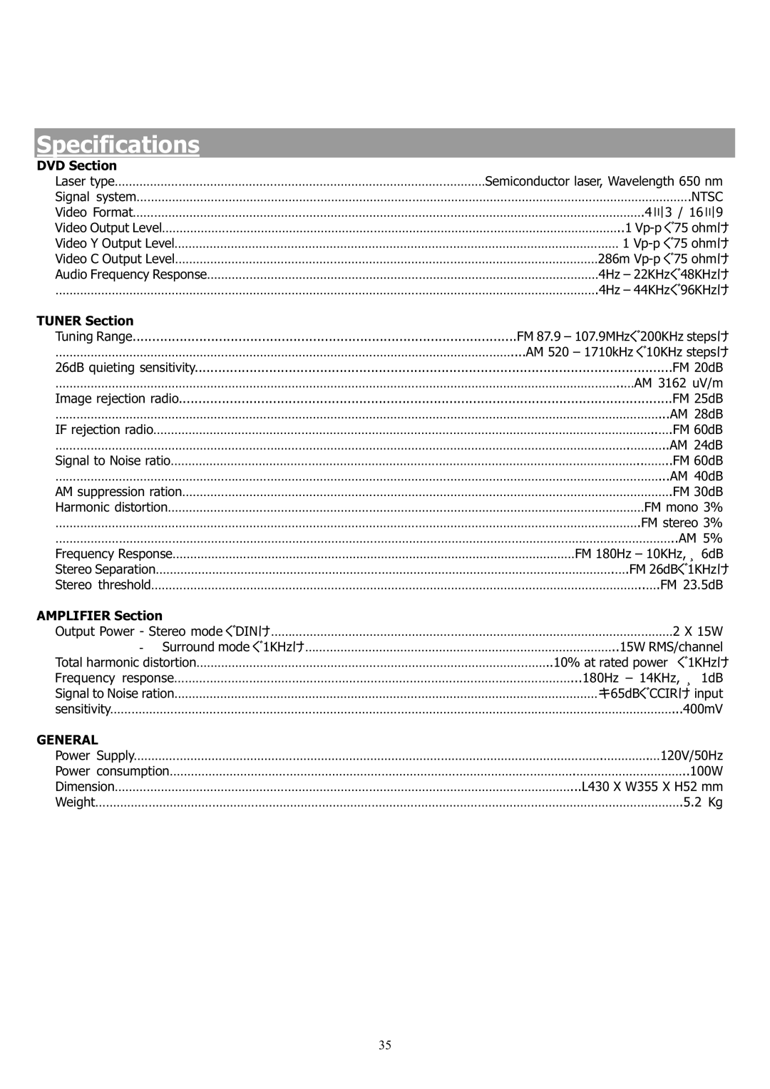 Saba 31-5023 manual Specifications, DVD Section, Tuner Section, Amplifier Section, General 