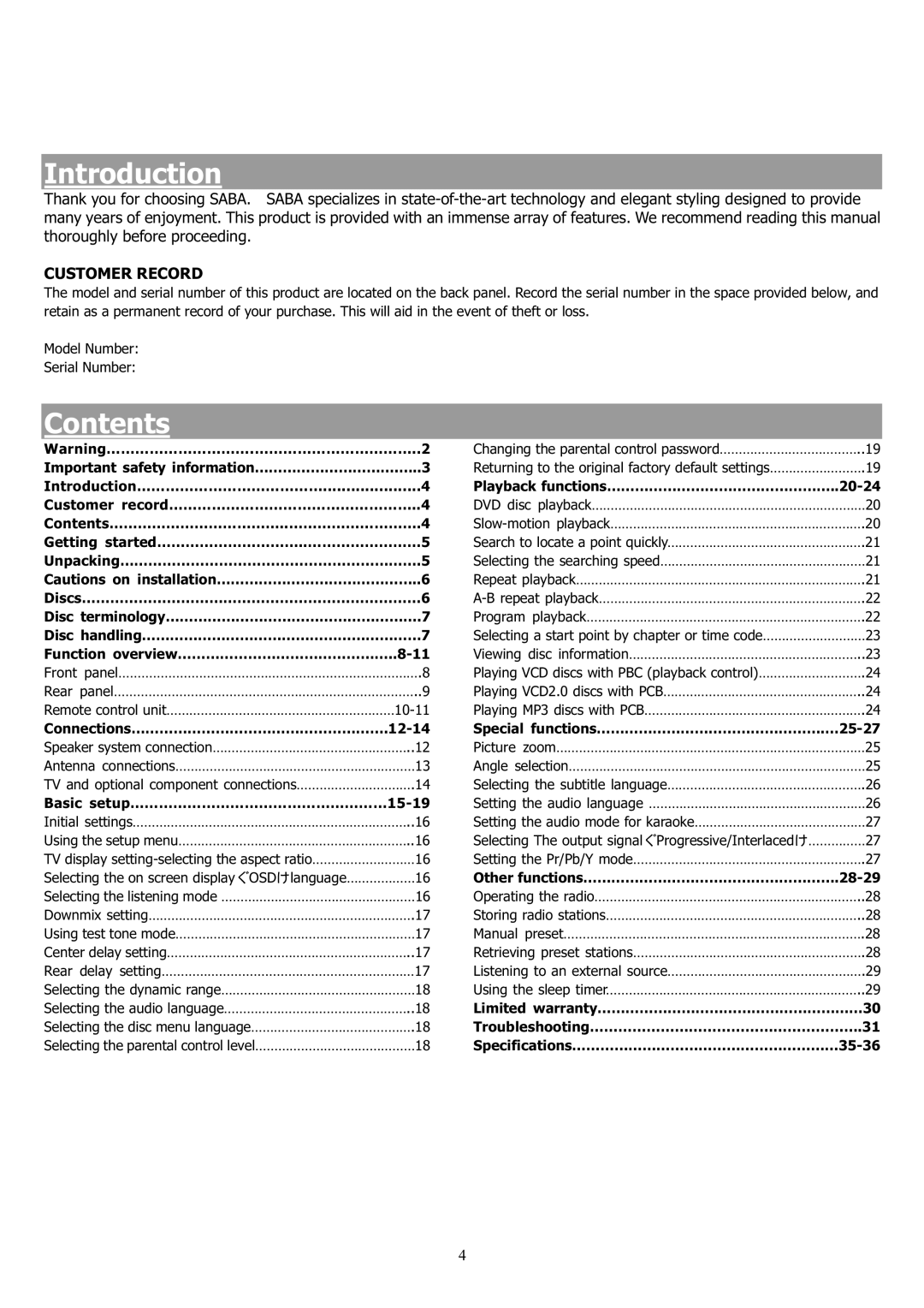 Saba 31-5023 manual Introduction, Contents 