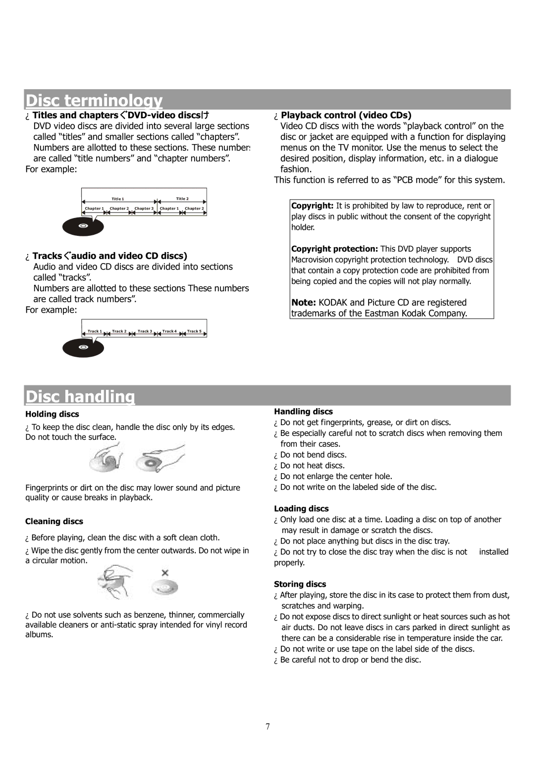 Saba 31-5023 manual Disc terminology, Disc handling, Titles and chapters DVD-video discs, Tracks audio and video CD discs 