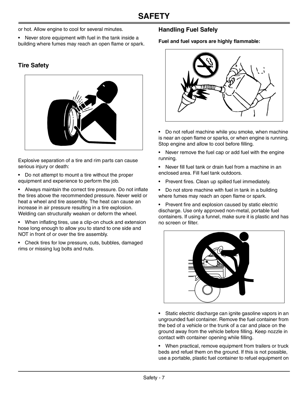 Sabo 108-17 HS manual Tire Safety, Handling Fuel Safely, Fuel and fuel vapors are highly flammable 