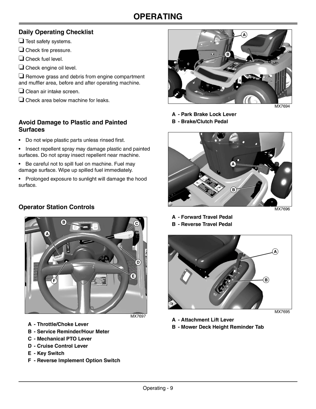 Sabo 108-17 HS Daily Operating Checklist, Avoid Damage to Plastic and Painted Surfaces, Operator Station Controls 