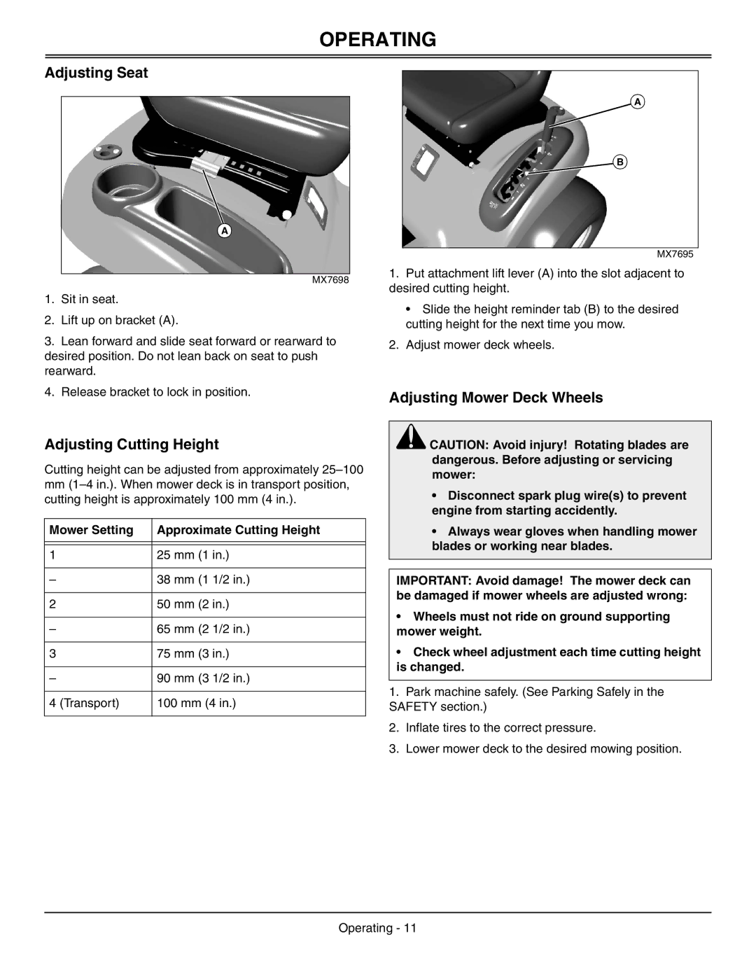 Sabo 108-17 HS manual Adjusting Seat, Adjusting Cutting Height, Adjusting Mower Deck Wheels 