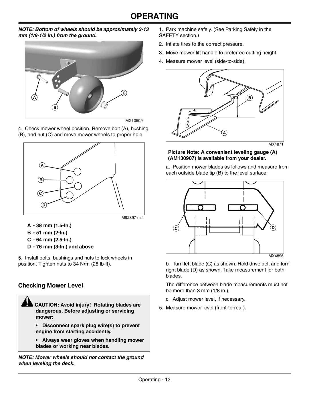 Sabo 108-17 HS manual Checking Mower Level, 38 mm 1.5-In 51 mm 2-In 64 mm 2.5-In 76 mm 3-In. and above 