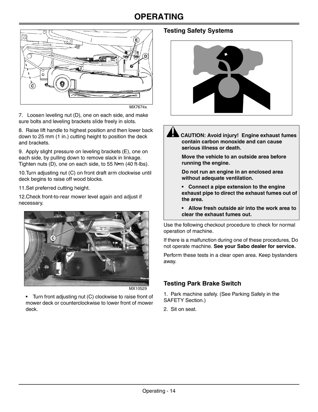 Sabo 108-17 HS manual Testing Safety Systems, Testing Park Brake Switch 