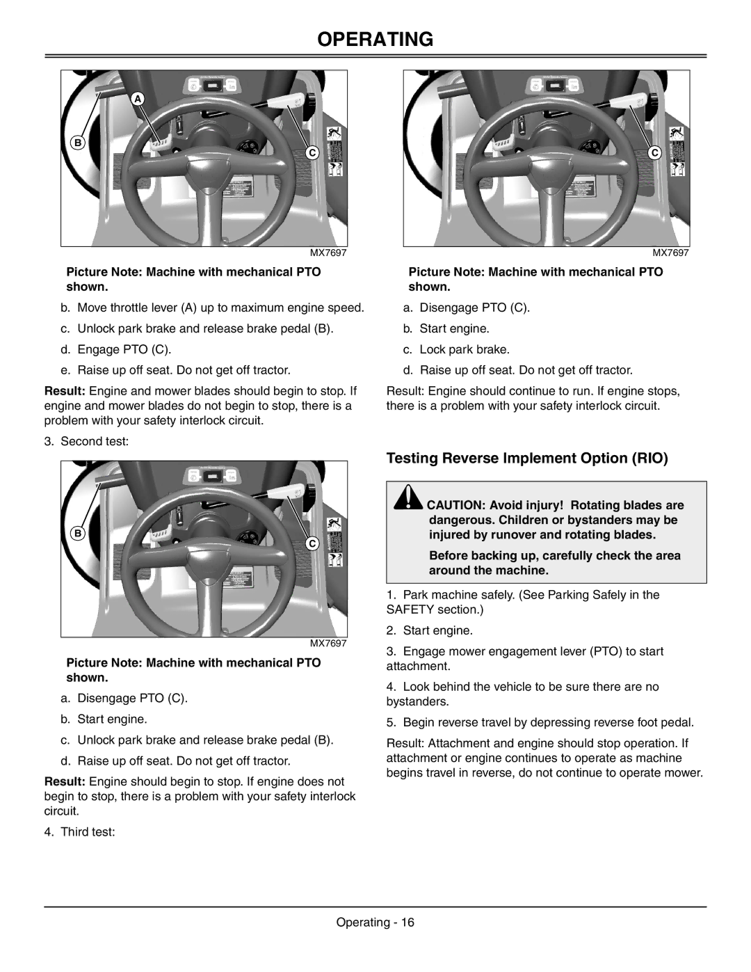 Sabo 108-17 HS manual Testing Reverse Implement Option RIO, Picture Note Machine with mechanical PTO shown 