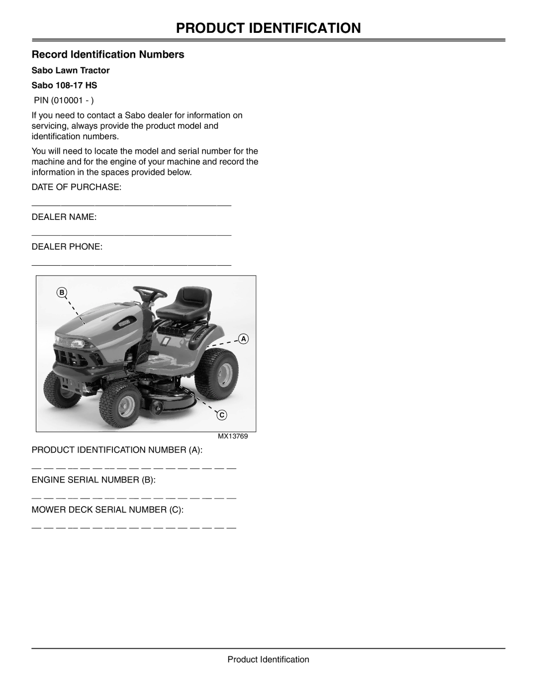 Sabo manual Product Identification, Record Identification Numbers, Sabo Lawn Tractor Sabo 108-17 HS 