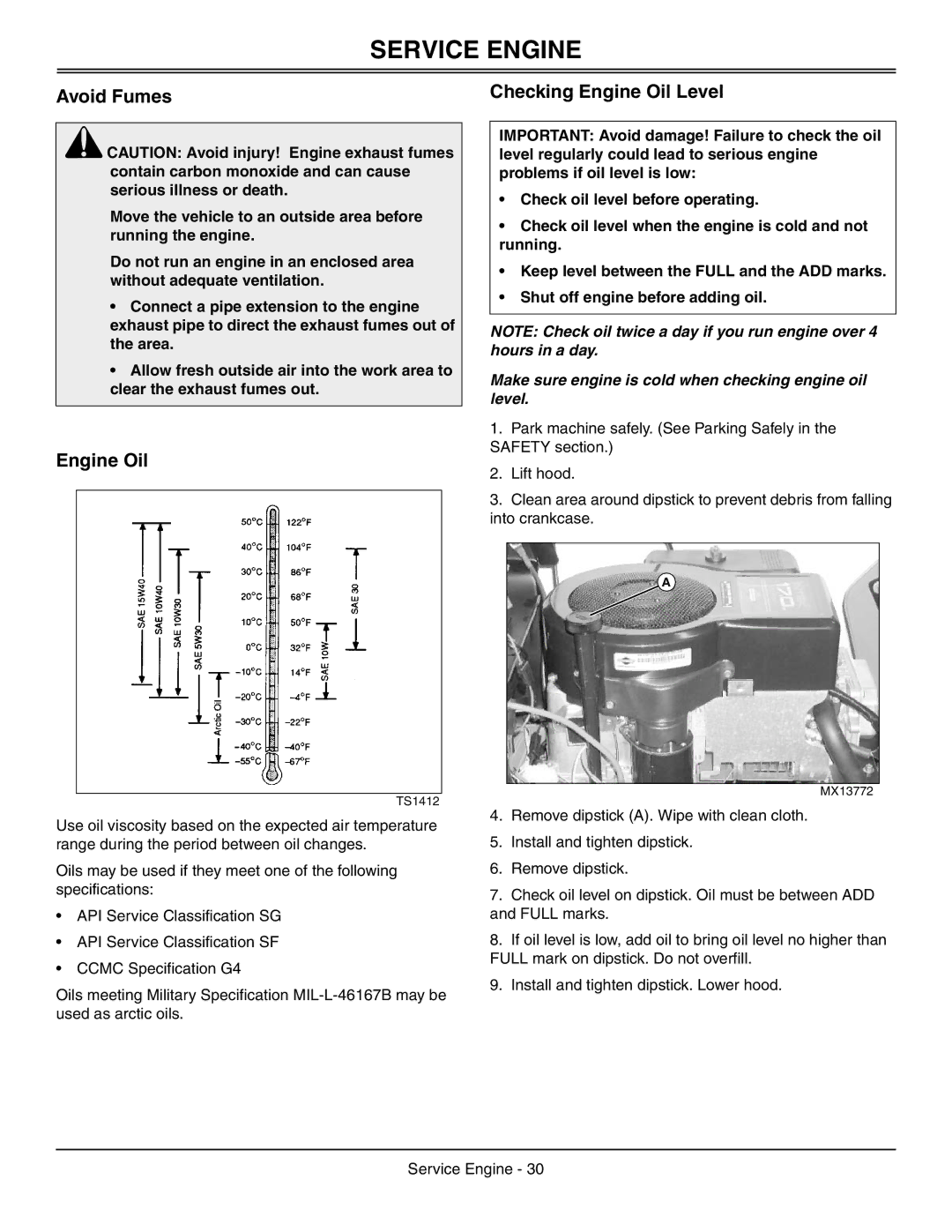 Sabo 108-17 HS manual Service Engine, Avoid Fumes, Checking Engine Oil Level 