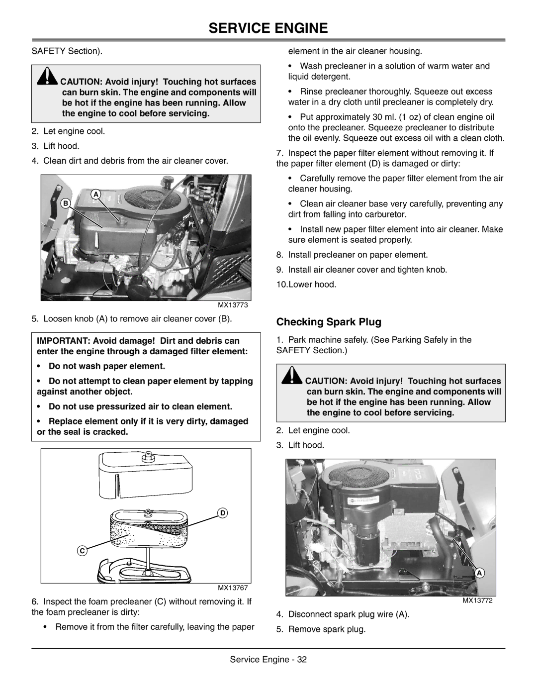 Sabo 108-17 HS manual Checking Spark Plug, Loosen knob a to remove air cleaner cover B 