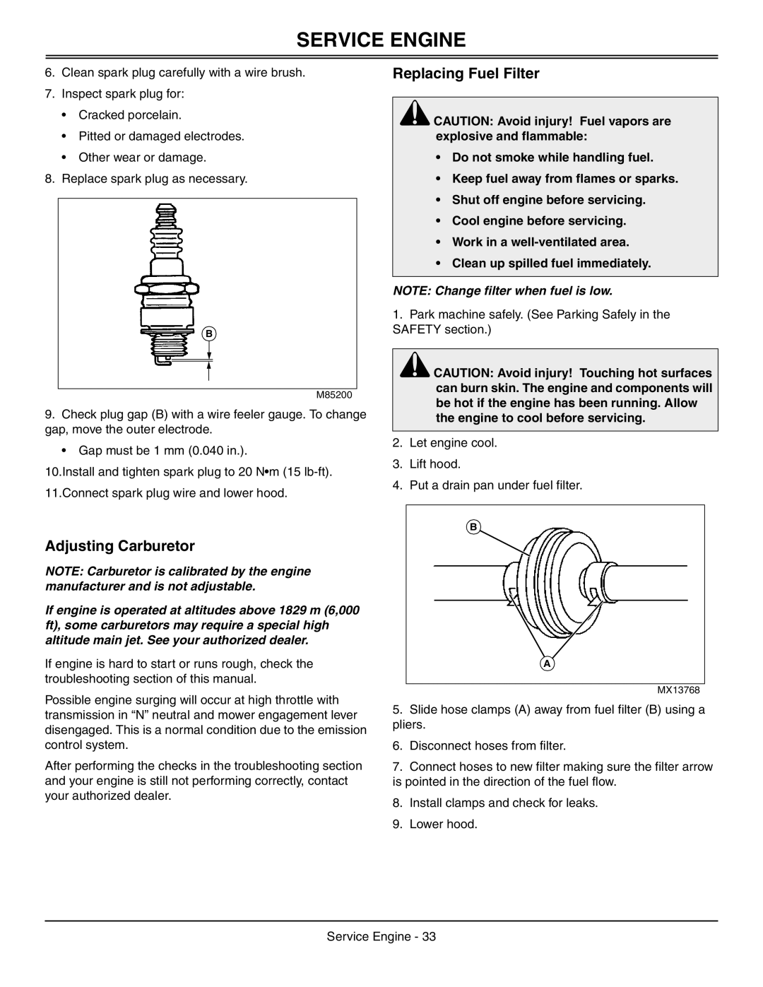 Sabo 108-17 HS manual Adjusting Carburetor, Replacing Fuel Filter 