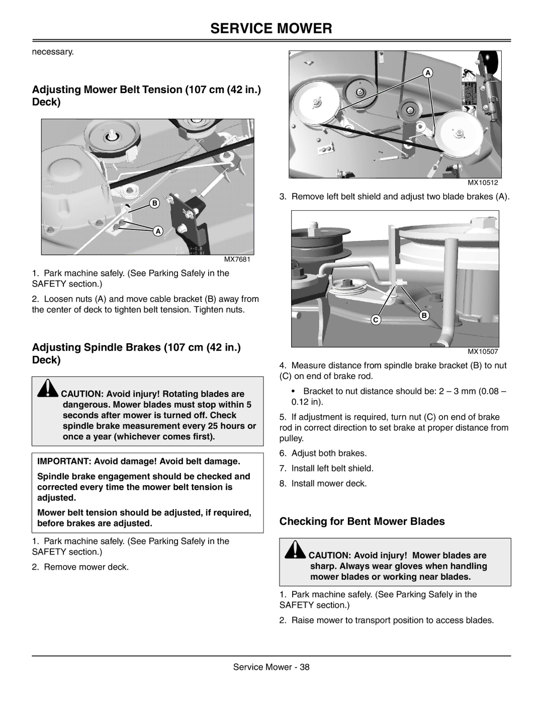 Sabo 108-17 HS manual Adjusting Mower Belt Tension 107 cm 42 in. Deck, Adjusting Spindle Brakes 107 cm 42 in. Deck 