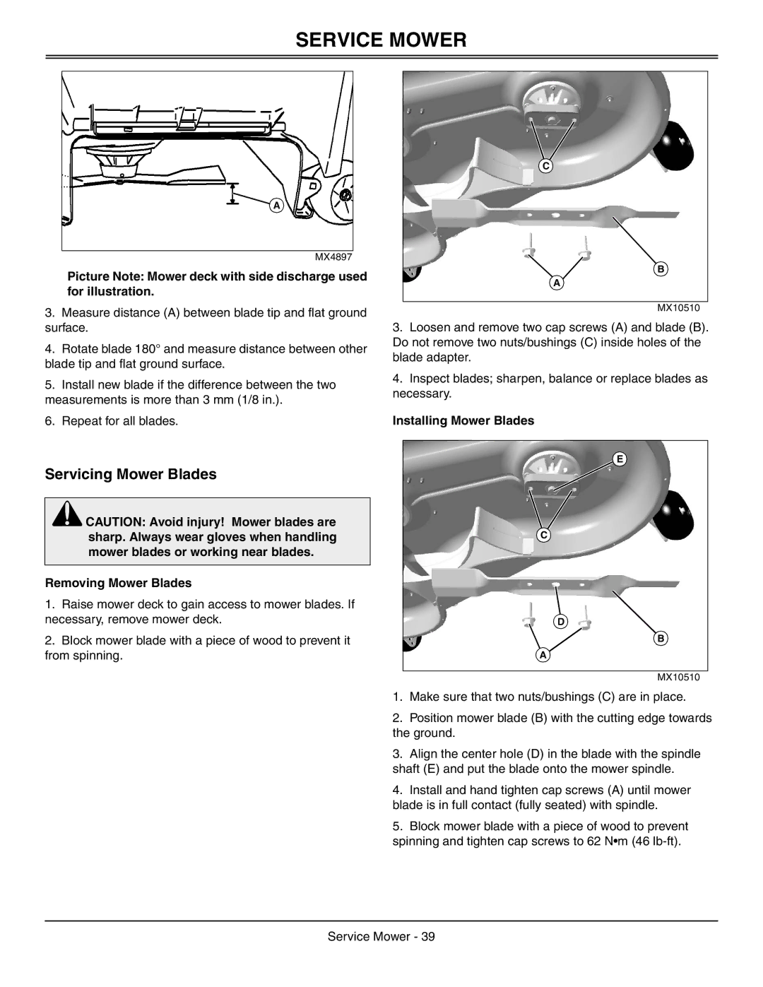 Sabo 108-17 HS manual Servicing Mower Blades, Installing Mower Blades 