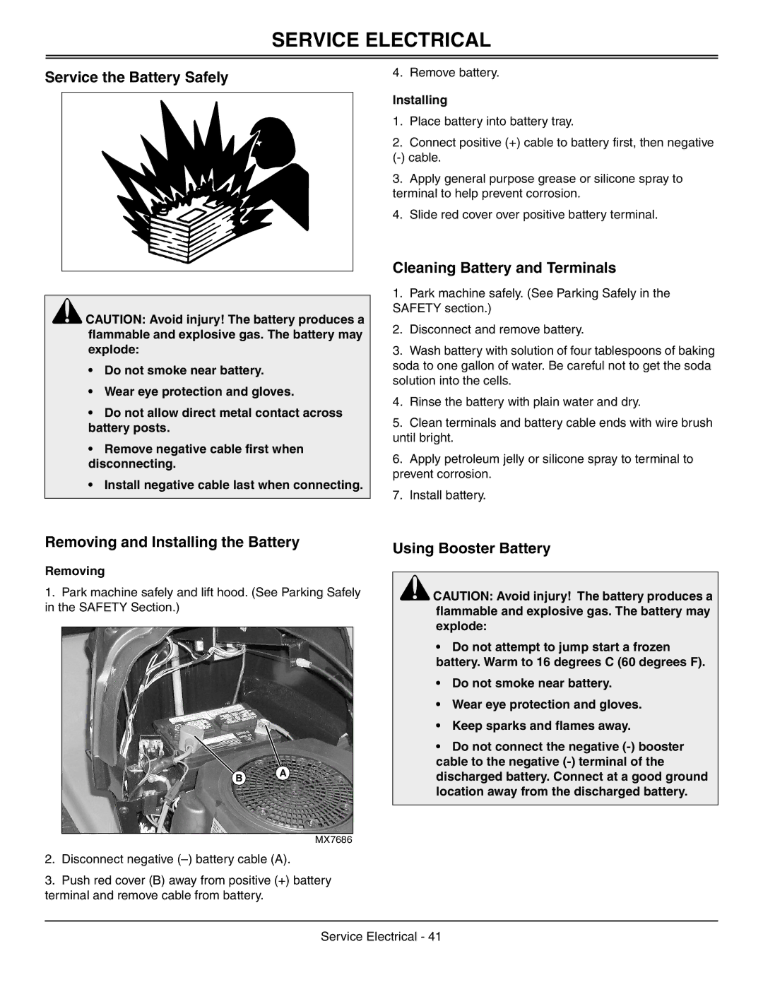 Sabo 108-17 HS manual Service Electrical, Service the Battery Safely, Cleaning Battery and Terminals, Using Booster Battery 