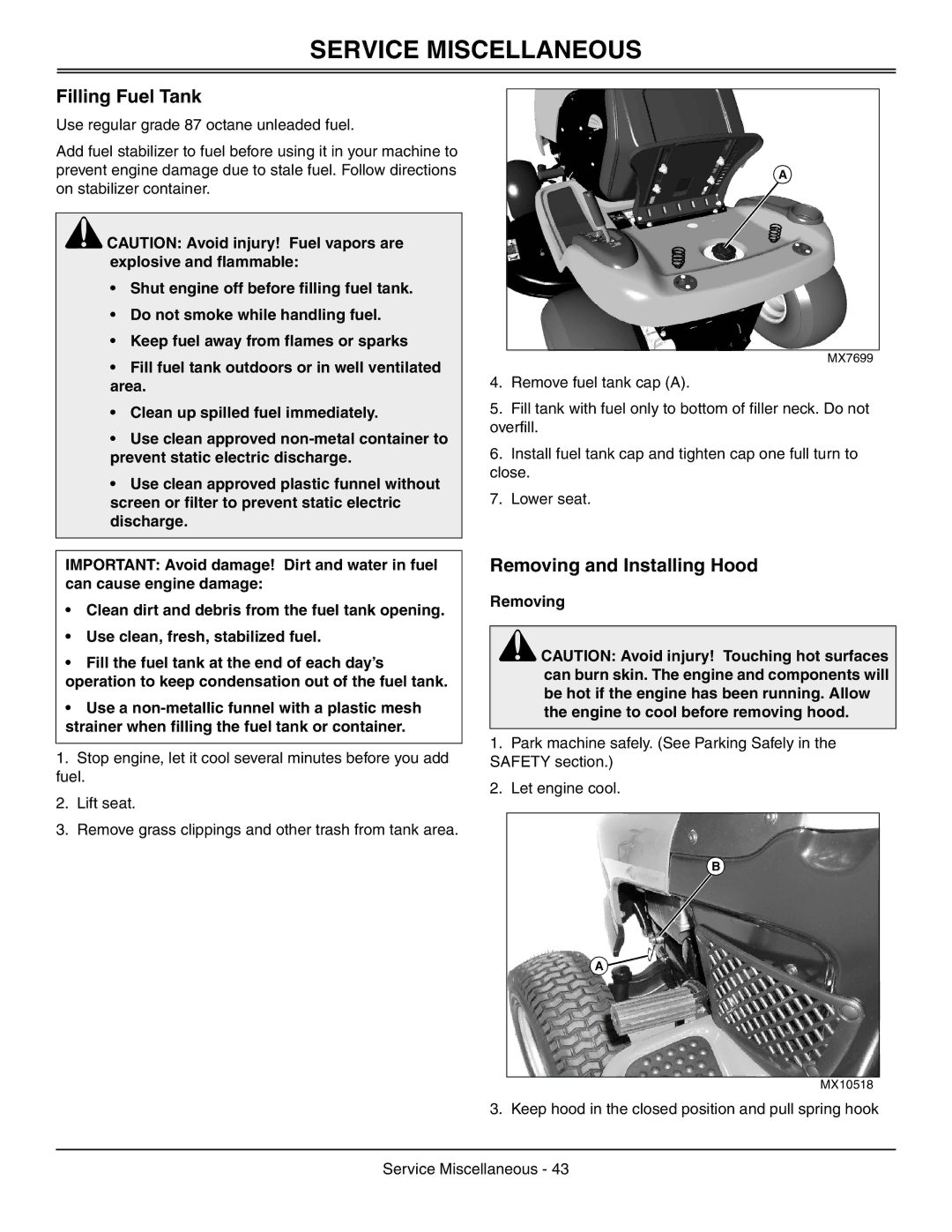 Sabo 108-17 HS manual Service Miscellaneous, Filling Fuel Tank, Removing and Installing Hood 