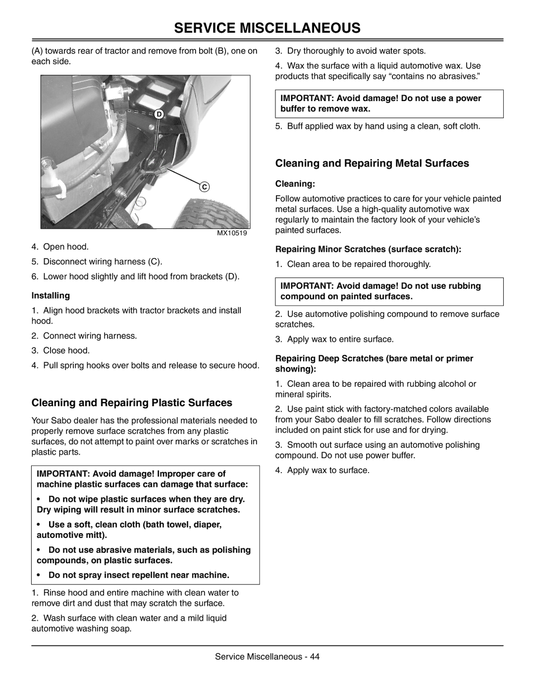 Sabo 108-17 HS manual Cleaning and Repairing Plastic Surfaces, Cleaning and Repairing Metal Surfaces 