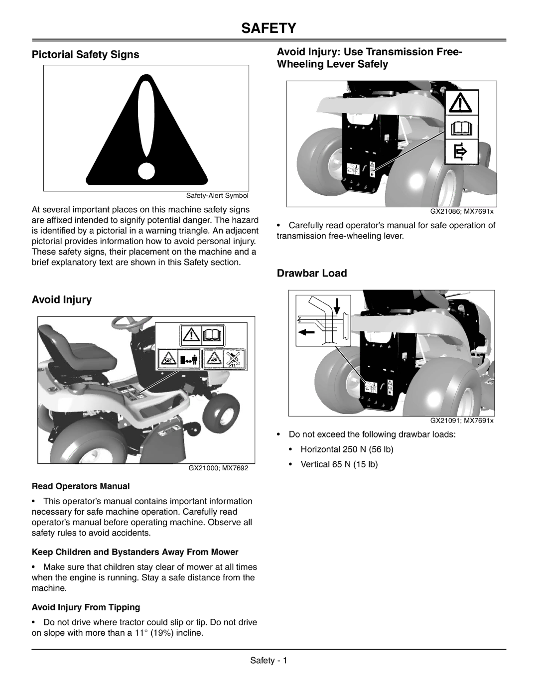 Sabo 108-17 HS Pictorial Safety Signs, Avoid Injury Use Transmission Free- Wheeling Lever Safely, Drawbar Load 