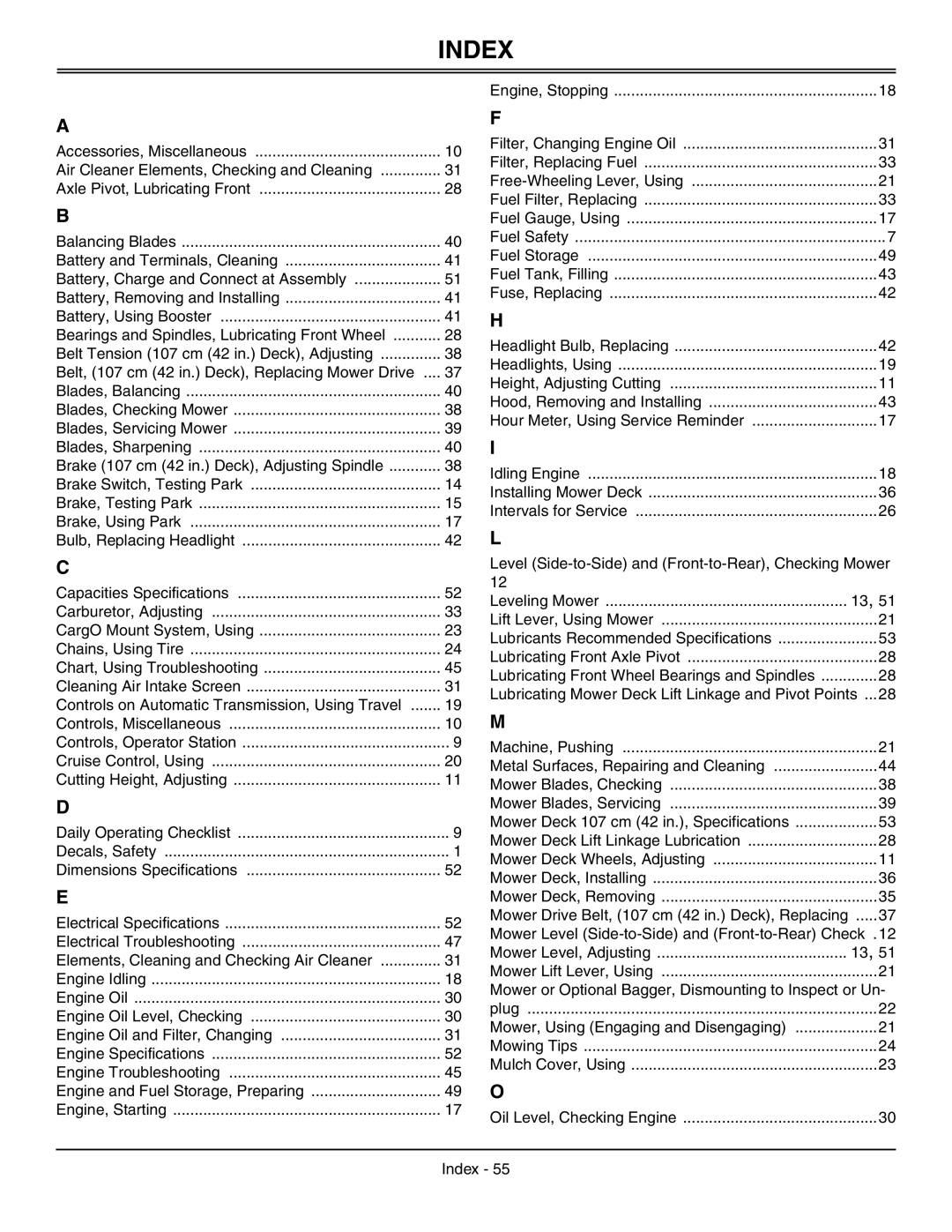 Sabo 108-17 HS manual Index, Belt, 107 cm 42 in. Deck, Replacing Mower Drive 