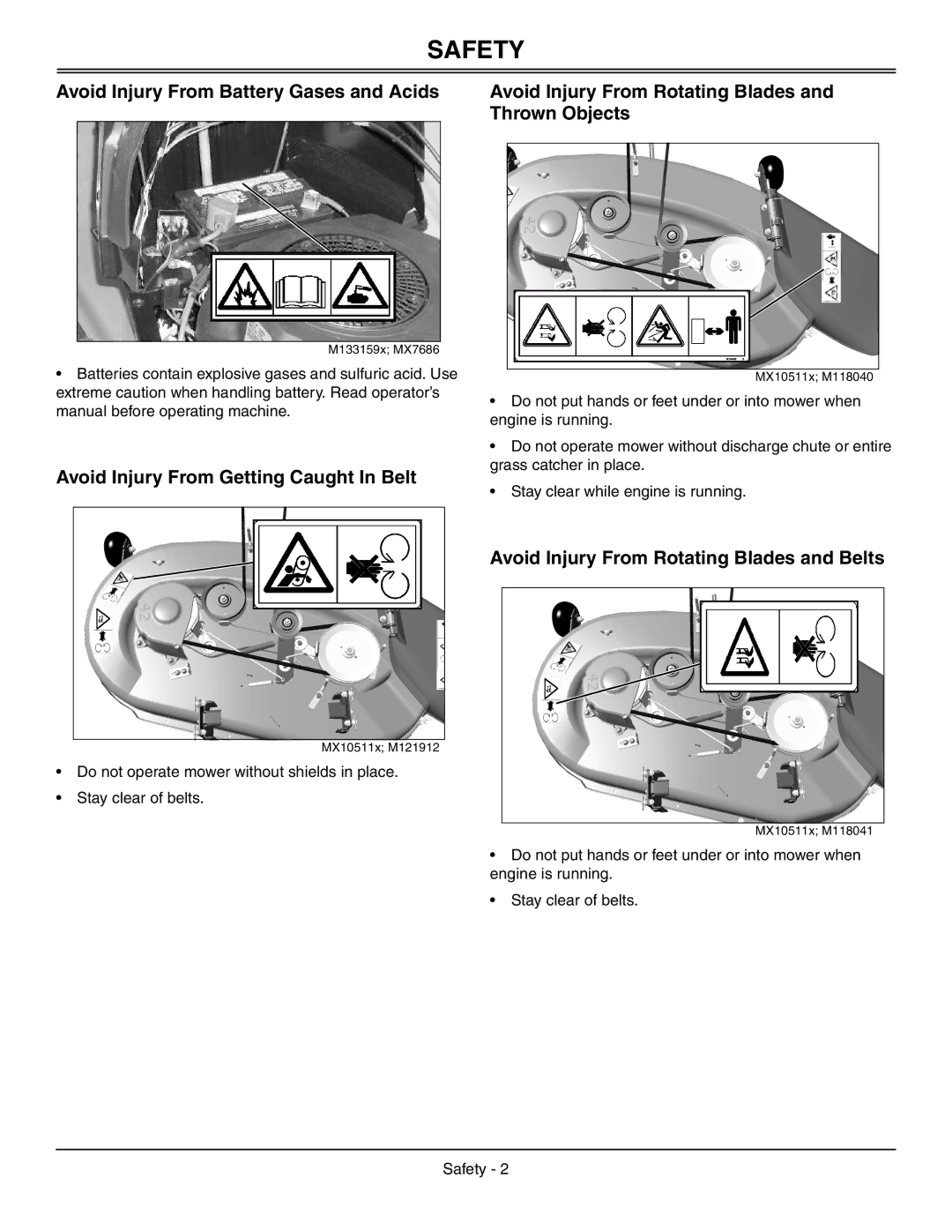 Sabo 108-17 HS manual Avoid Injury From Battery Gases and Acids, Avoid Injury From Getting Caught In Belt 