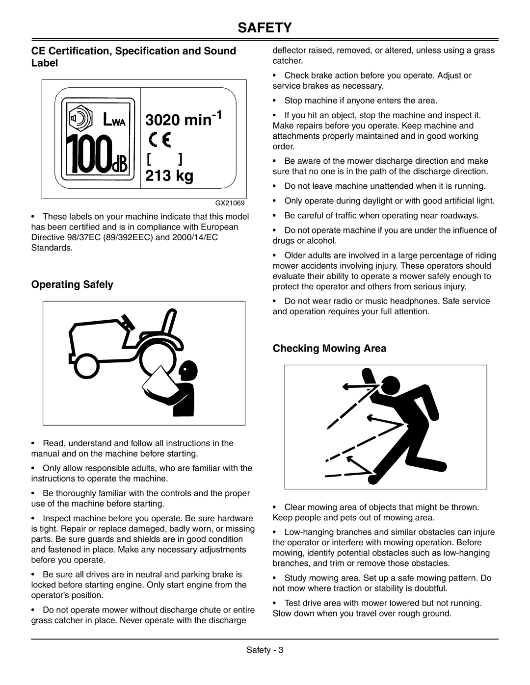 Sabo 108-17 HS manual CE Certification, Specification and Sound Label, Operating Safely, Checking Mowing Area 