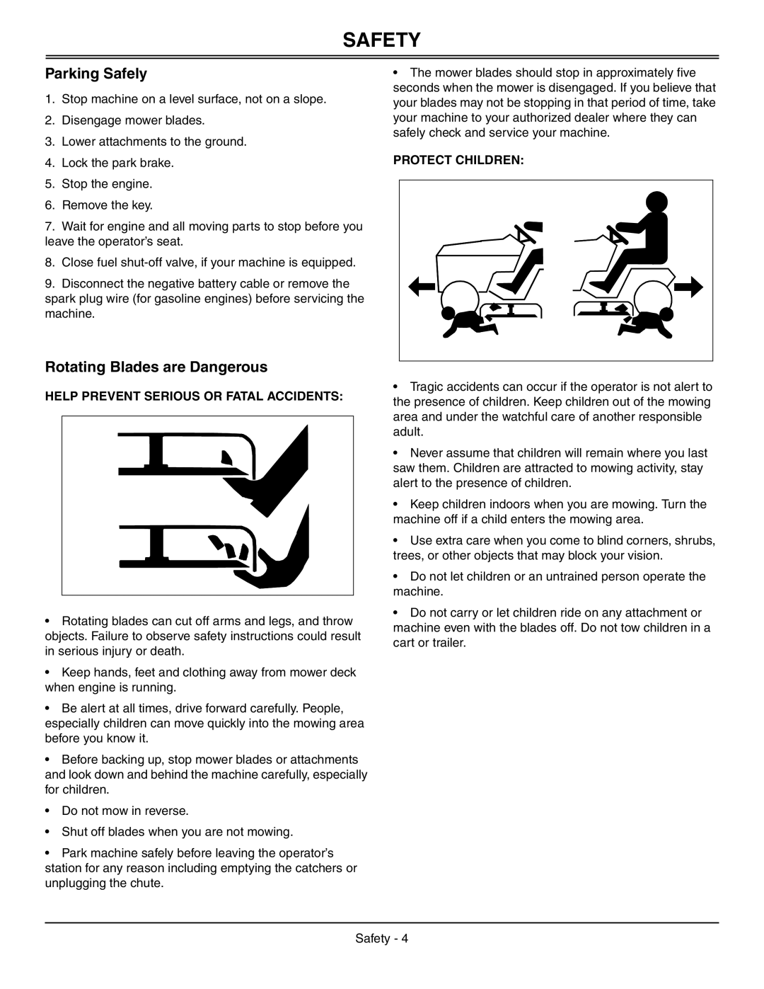 Sabo 108-17 HS manual Parking Safely, Rotating Blades are Dangerous 