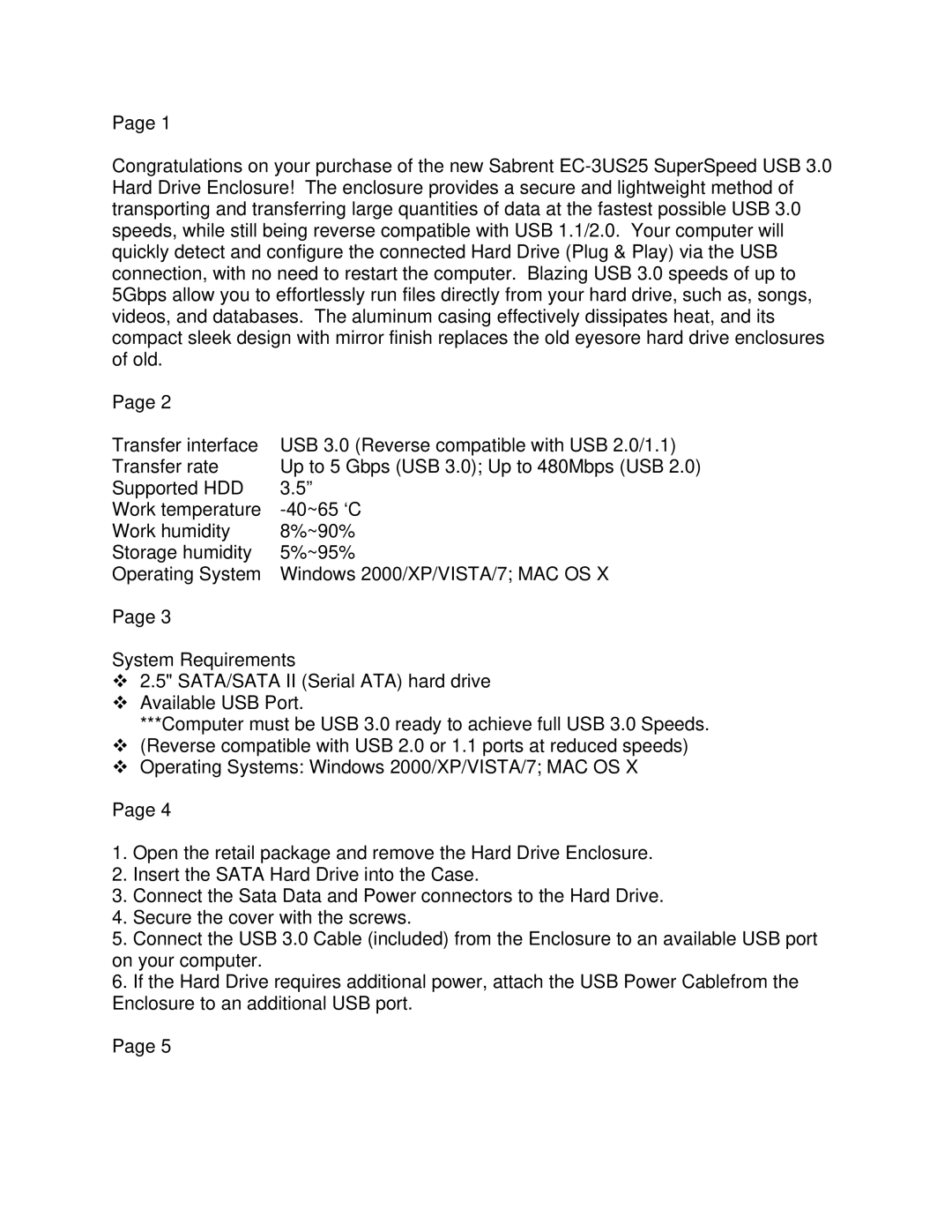 Sabrent EC-3US25 manual 