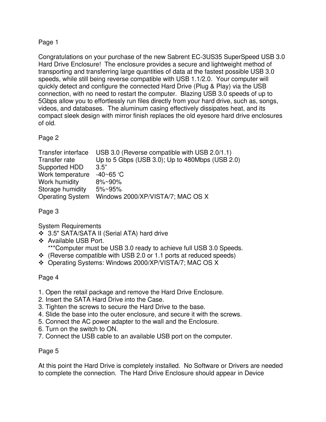 Sabrent EC-3US35 manual 