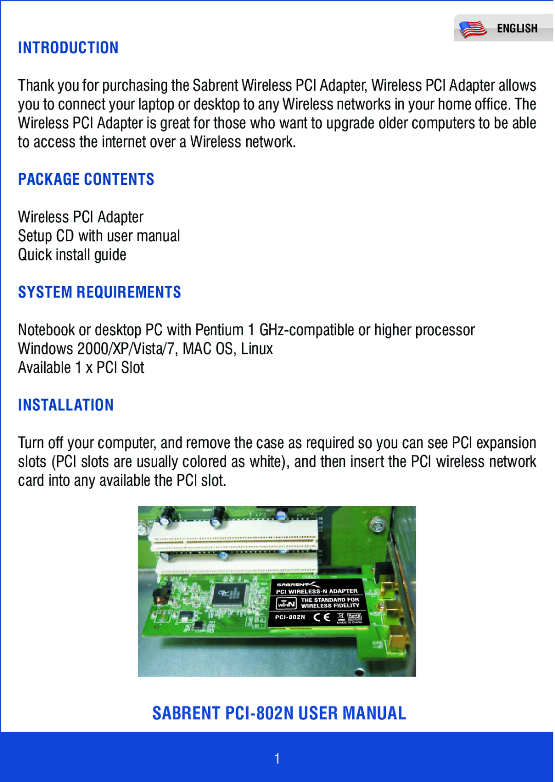 Sabrent PCI-802N manual Introduction, Package Contents, System Requirements, Installation 