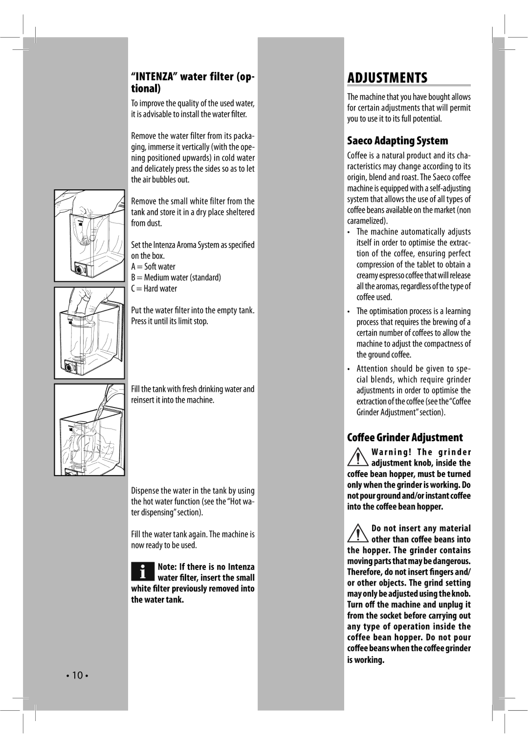 Saeco Coffee Makers 104342 Adjustments, Intenza water filter op- tional, Saeco Adapting System, Coﬀee Grinder Adjustment 