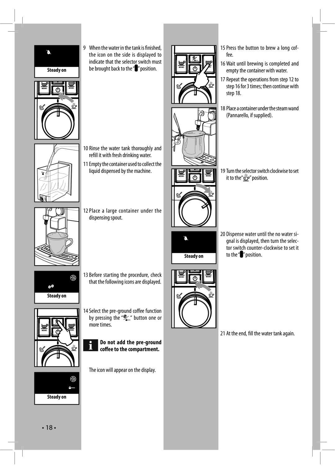 Saeco Coffee Makers 104342 manual Pannarello, if supplied, At the end, fi ll the water tank again 