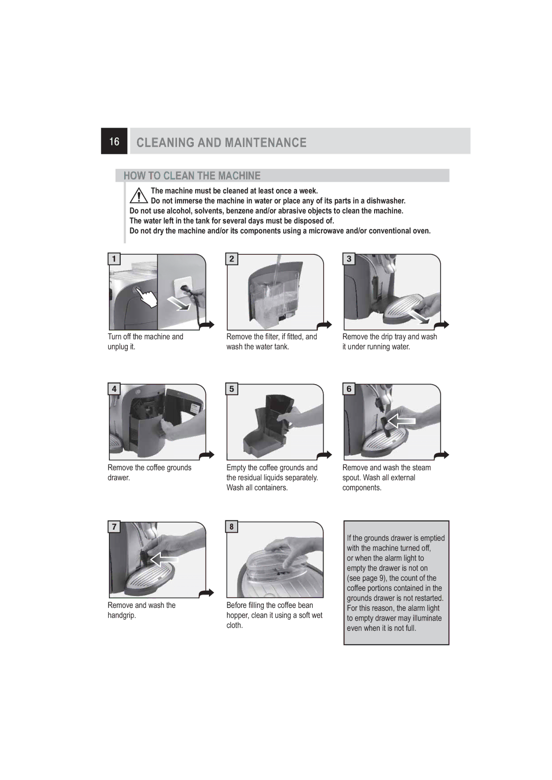 Saeco Coffee Makers 15000721 manual Cleaning and Maintenance, HOW to Clean the Machine 