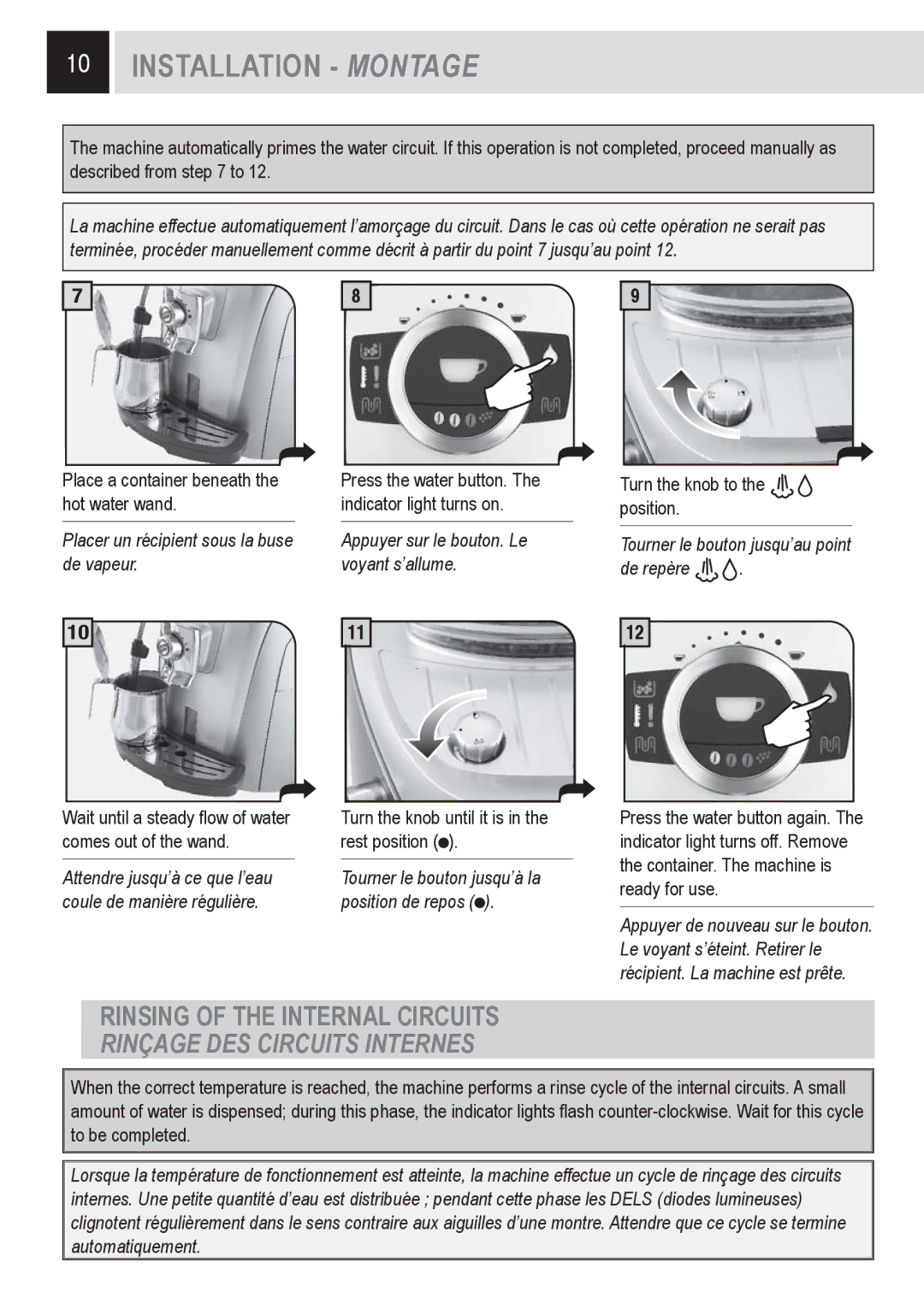 Saeco Coffee Makers 15001566, SUP032OR manual Rinsing of the Internal Circuits, Rinçage DES Circuits Internes 