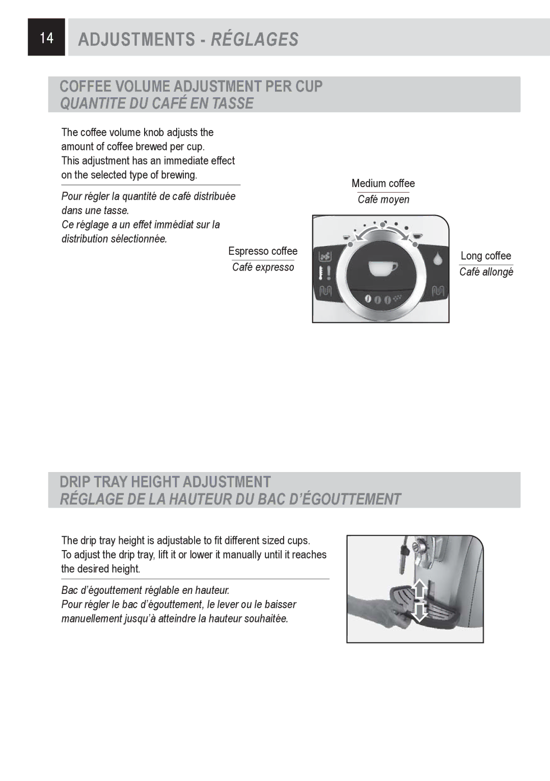 Saeco Coffee Makers 15001566, SUP032OR Adjustments Réglages, Coffee Volume Adjustment PER CUP Quantite DU Café EN Tasse 