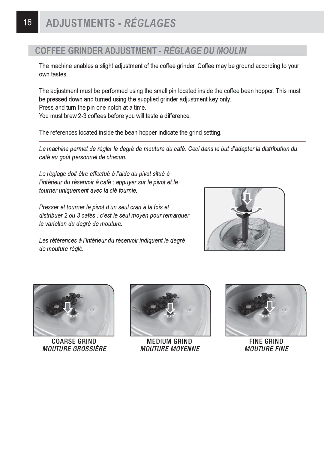 Saeco Coffee Makers 15001566, SUP032OR manual Coffee Grinder Adjustment Réglage DU Moulin 