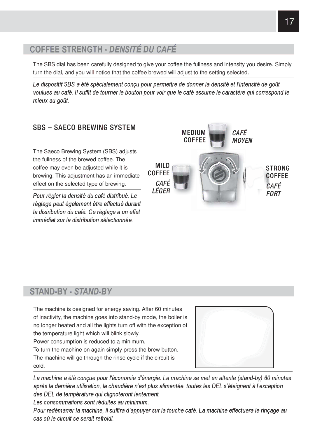 Saeco Coffee Makers SUP032OR, 15001566 manual Coffee Strength Densité DU Café, Stand-By Stand-By 