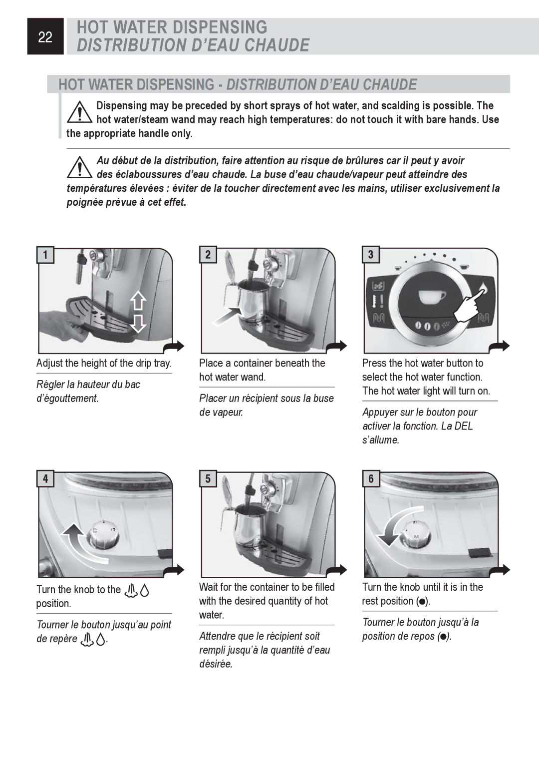 Saeco Coffee Makers 15001566, SUP032OR manual HOT Water Dispensing Distribution D’EAU Chaude, Régler la hauteur du bac 