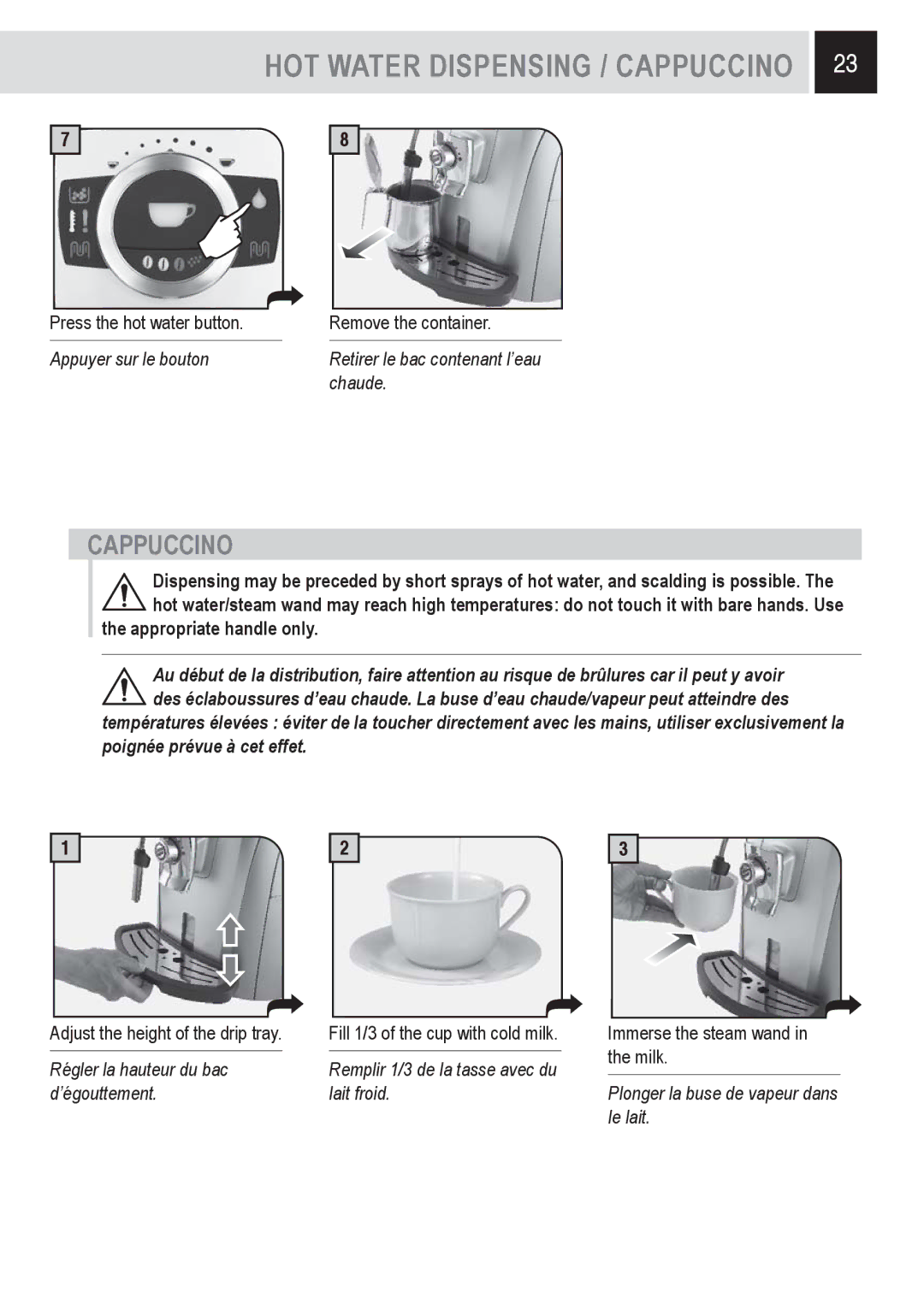 Saeco Coffee Makers SUP032OR, 15001566 manual HOT Water Dispensing / Cappuccino 