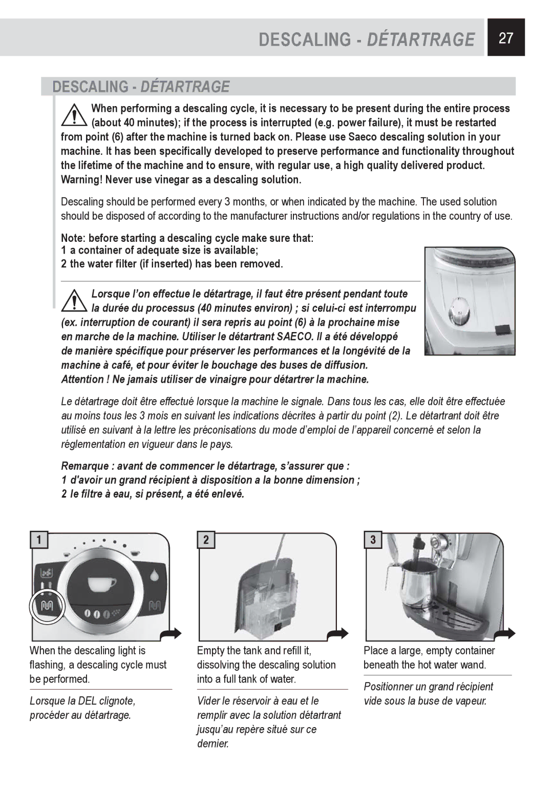 Saeco Coffee Makers SUP032OR, 15001566 manual Descaling Détartrage, Lorsque la DEL clignote, procéder au détartrage 