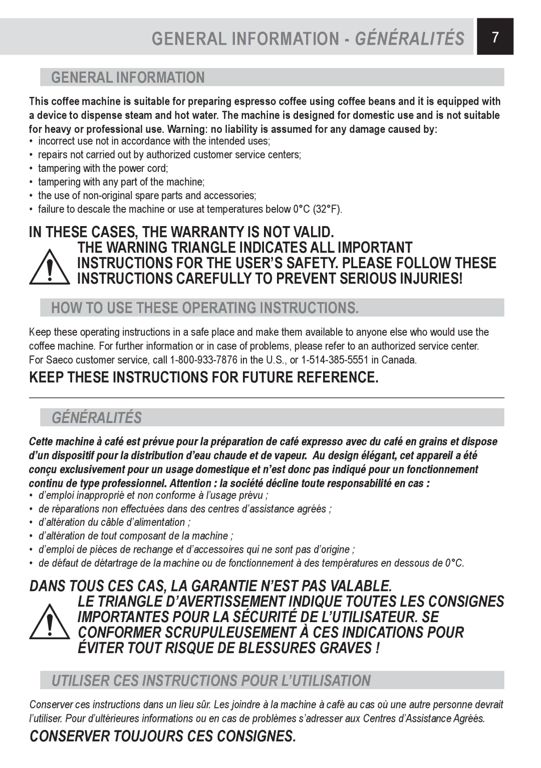 Saeco Coffee Makers SUP032OR, 15001566 manual General Information Généralités, HOW to USE These Operating Instructions 