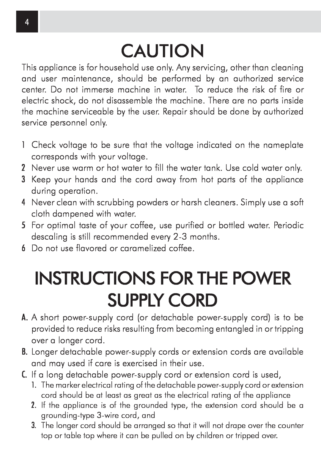 Saeco Coffee Makers 15001566, SUP032OR manual Supply Cord, Instructions For The Power 