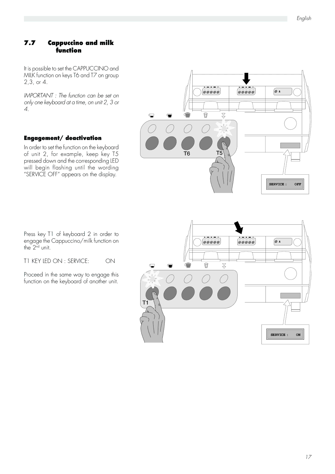 Saeco Coffee Makers Aroma manual Cappuccino and milk function, Engagement/ deactivation 