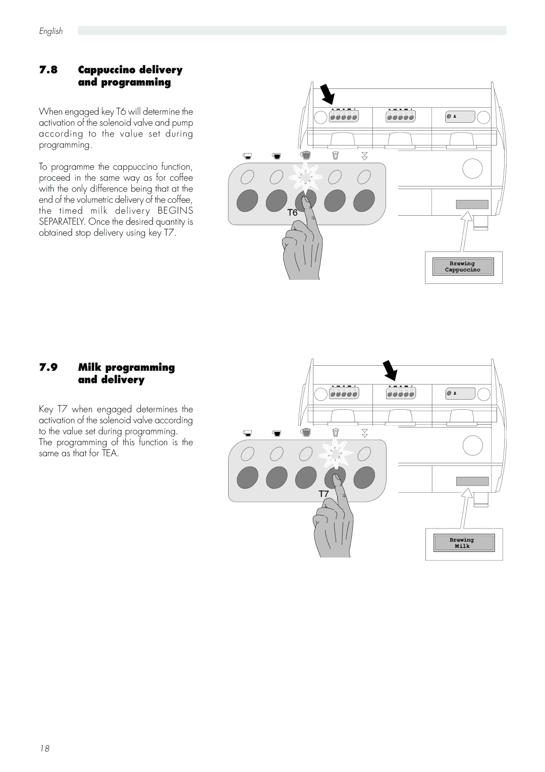 Saeco Coffee Makers Aroma manual Cappuccino delivery and programming, Milk programming and delivery 